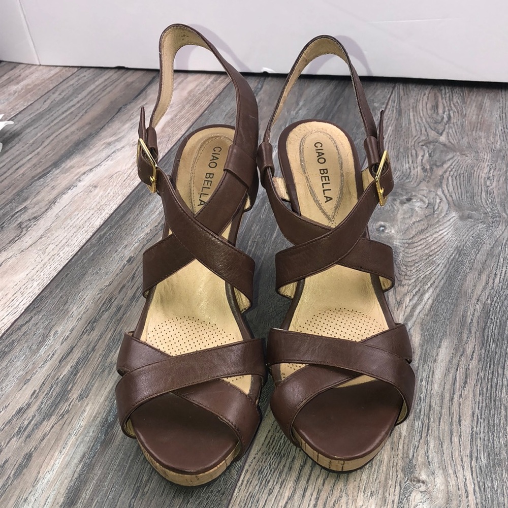 EUC Ciao Bella Leather Sandals with cork wedge
